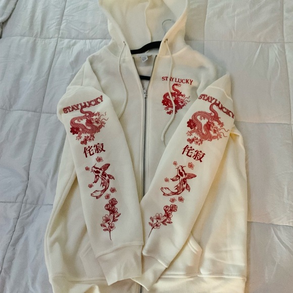Off-white and Red Decorated Zip Up Hoodie - Picture 3 of 3